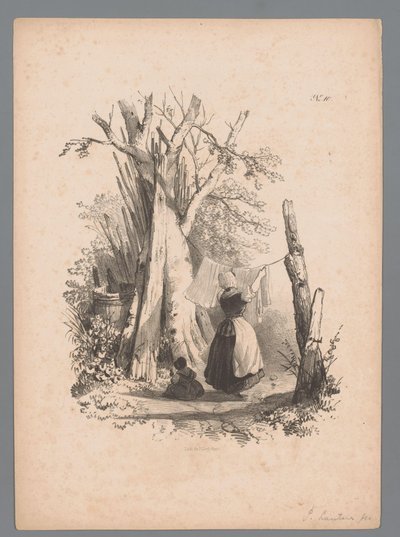 Landscape with Woman Hanging Laundry (Landscape Studies by Paulus Lauters) (Nouvelle suite de 40 études de paysages par P. Lauters) (series title) by Paulus Lauters (attributed to)