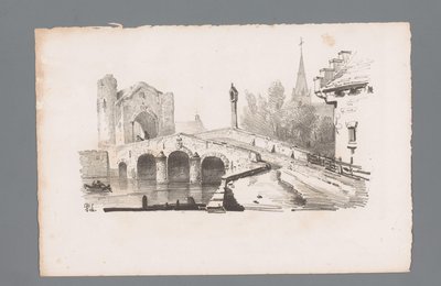 View of a Bridge with Gate, Church in the Background by Paulus Lauters