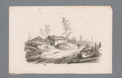 Heuvellandschap met landweg en huizen (series title) by Paulus Lauters