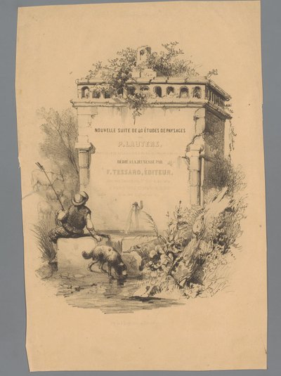 Man with Dog Sitting on the Edge of a Fountain (Landscape Studies by Paulus Lauters series) by Paulus Lauters