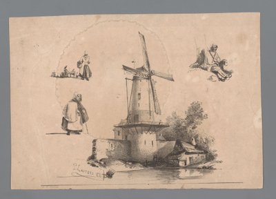 Mill by the Water with Three Figure Studies by Paulus Lauters