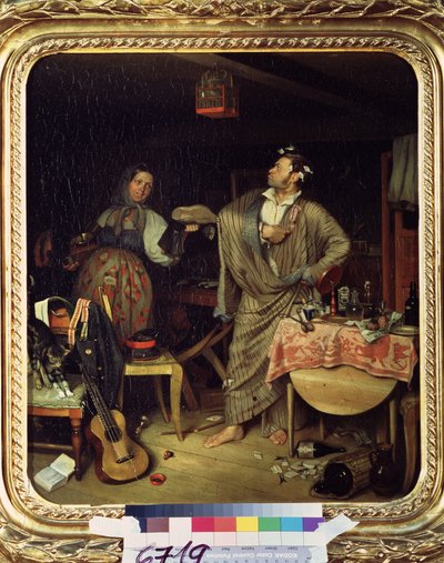 Fresh Cavalier (Morning of a Bureaucrat Receiving His First Cross). A military man in a dressing gown proudly wears his medal in the disordered apartment. by Pavel Andreevich Fedotov