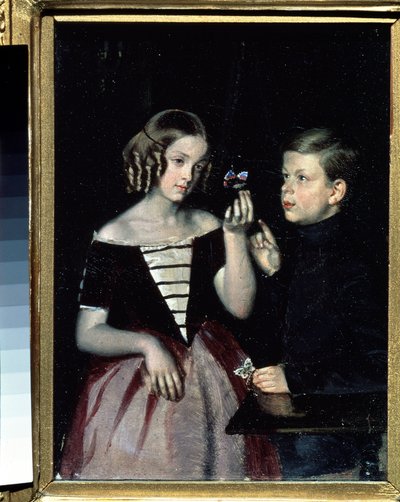 Portrait of the Two Gerbin Children Contemplating a Butterfly by Pavel Andreevich Fedotov