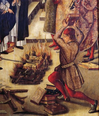 Burning of heretics books, (detail) by Pedro Berruguete