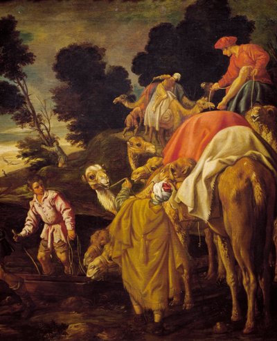 Caravan of camels (detail) from Rebecca let Eliezer drink at well by Pedro Orrente