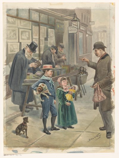 Man Showing Two Children Toys on the Steps of a Print Shop by Pedro de Weyer