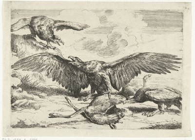 Three Eagles Fighting Over a Dead Deer (series title: Diversi uccelli) by Peeter Boel