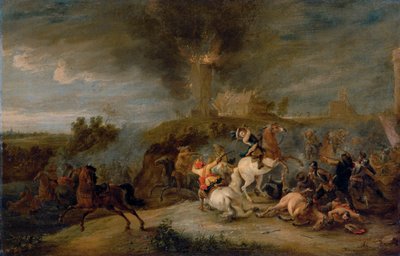 A cavalry skirmish with soldiers pillaging a village by Peeter Snayers