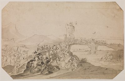 Battle scene in landscape with bridge over a river by Peeter Snayers