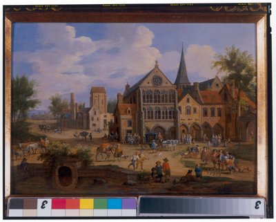 Town Scene with Peasants Playing Skittles in Front of a Church by Peeter or Pieter Bout