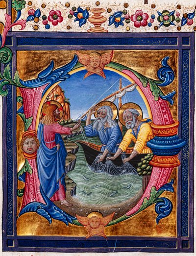 Piccolomini Library: choir book, cod. 11.M, ff. 4r with “Calling of St. Peter and St. Andrew” (detail) by Pellegrino di Mariano