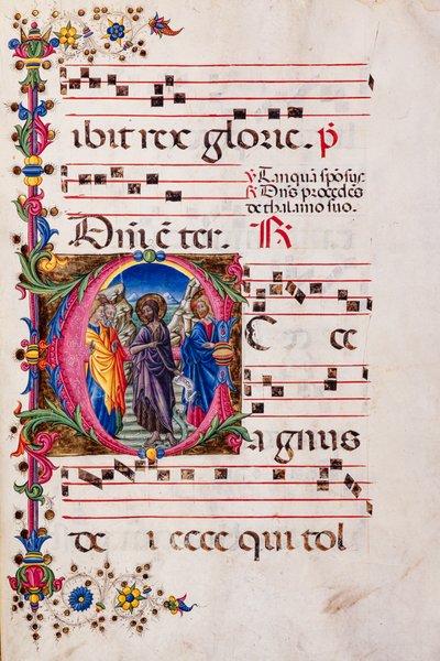 Piccolomini Library: choir book, cod. 2.B, ff. 105r with “Preaching of St. John the Baptist”, by Pellegrino di Mariano by Pellegrino di Mariano