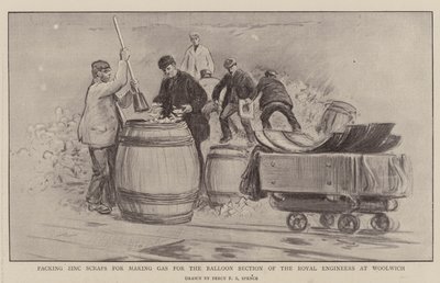 Packing Zinc Scraps for making Gas for the Balloon Section of the Royal Engineers at Woolwich by Percy F.S. Spence
