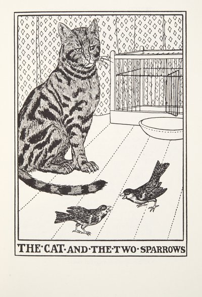 The Cat and the Two Sparrows, from Fontaine Fables, pub. 1905 by Percy J. Billingshurst