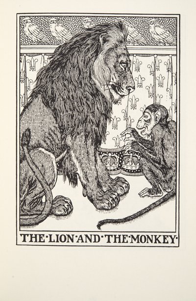 The Lion and the Monkey, from Fontaine Fables, pub. 1905 by Percy J. Billingshurst