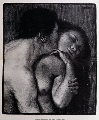 Man kissing a woman. Lithograph by Pere Torne-Esquius by Pere Torne Esquius