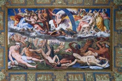 Zeus striking the rebelling Giants (the Fall of Giants) in The Hall of Jupiter by Perino del Vaga