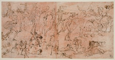 Studies of Warriors, Horsemen, and Lions (recto); Studies of Heads and Nude Figures, Ceiling Plan, and Inscriptions (verso) by Perino del Vaga