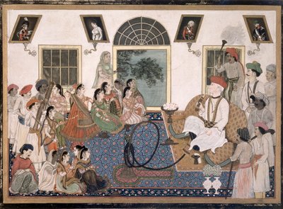 A European, probably Sir David Ochterlony, in Indian dress, smoking a hookah and watching a nautch in his house at Delhi by Persian School
