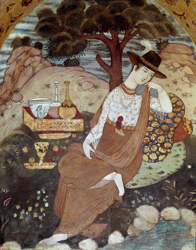 A Persian princess under the rule of Abbas I, resting 17th century. Fresco from the Palace of the 40 Columns (Chehel Sotoun) in Isfahan, Iran. by Persian School