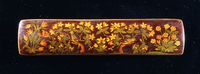 A Qalamdan, depicting finches perched on plum blossom branches by Persian School