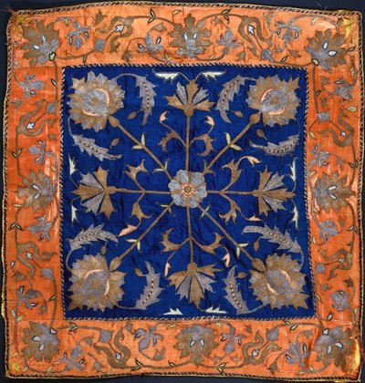 A Bocha Composed of Blue Satin Field Embroidered in Silver and Gilt Thread by Persian School
