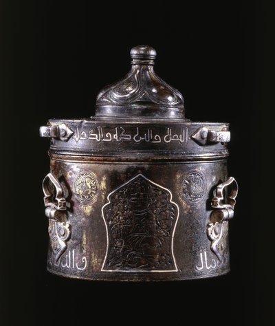 A very fine East Persian silver and copper inlaid bronze inkwell and cover by Persian School