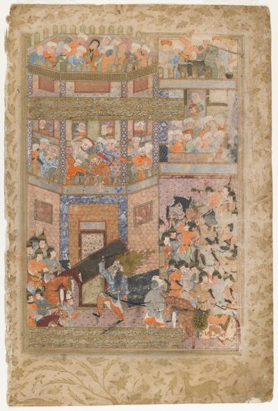 Ali lifts the gates of Qamus, from a Rawzat al-safa by Persian School