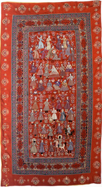 An Embroidered Hanging of Red Wool Facecloth with Rows of Figures Enacting the Life of Joseph by Persian School