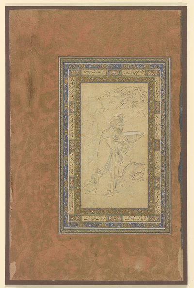 An old man carries a bowl by Persian School