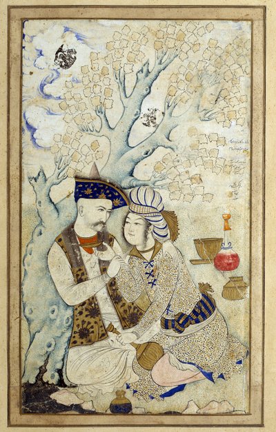 Islamic Art: Portrait of Shah Abbas I embracing one of his pages. Persian drawing of 1672. Dim: 0,16 x 0,27m. Paris, Musee Du Louvre by Persian School