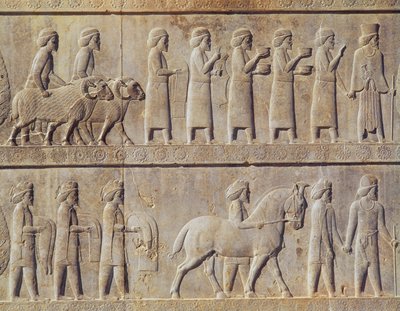Detail of the Relief Frieze on the East Stairway to the Apadana Depicting Delegates from the Subject Lands of the Empire Bearing Lavish Gifts for a Ceremony, Achaemenian Period by Persian School