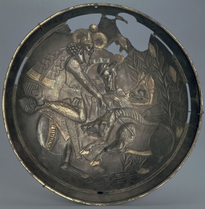 Dish decorated with a scene of Prince Varahran out hunting, Sassanid dynasty (226-651) by Persian School