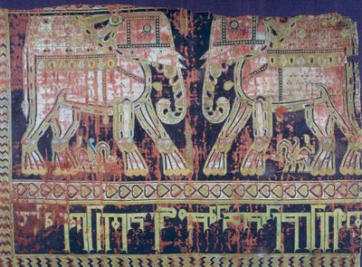 Elephants and inscription by Turkish general Abu Mansur Bukhtegin, silk fabric made in Iran in 10th century (detail) by Persian School