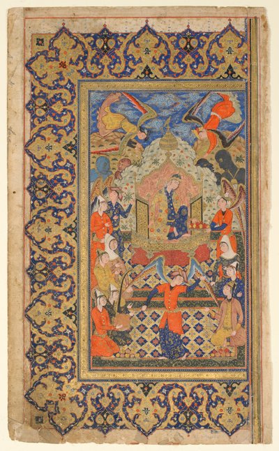 Folio from a Shahnama (Book of Kings) by Firdawsi; Bilqis Enthroned; text of preface, Shiraz, Fars, Iran, Safavid period, c.1590-1600 by Persian School