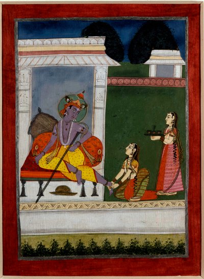 Krishna resting. A servant massages his feet. Persian miniature of the Indian school of the 17th century by Persian School
