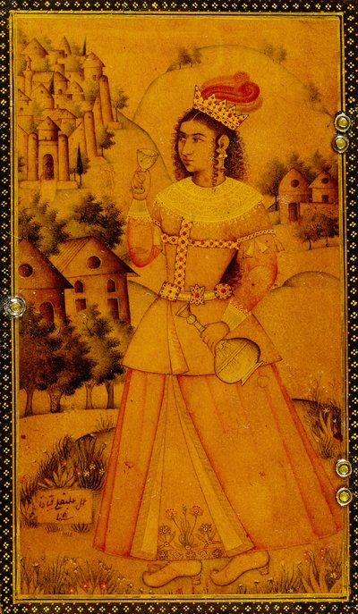 Interior of a Mirror Case Painted with a Stylised European Lady Holding a Wine Cup and Bottle by Persian School