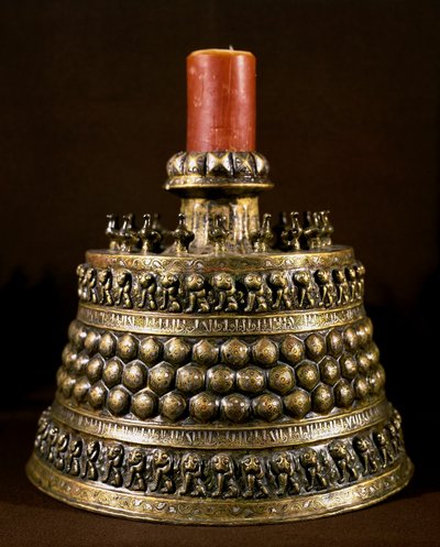 Bronze Candlestick with Silver Inlay by Persian School