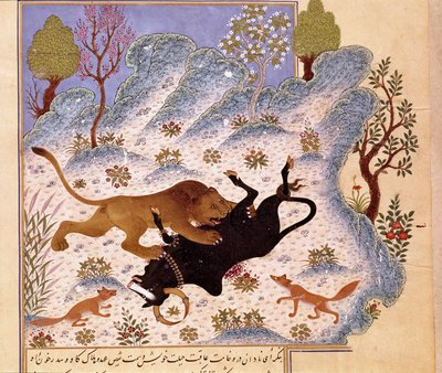 Lion attacking a bull Page of a Kalila and Dimna by Persian School
