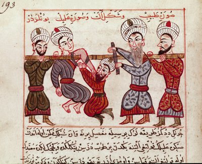 Orthopedic Intervention. Miniature from a Turkish Medicine Book by Charaf-ed-din (1466) by Persian School