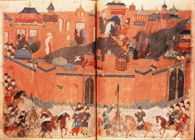 Mongols under the leadership of Hulagu Khan storming and capturing Baghdad in 1258, from a book by Rashid al-Din (1247-1318) by Persian School