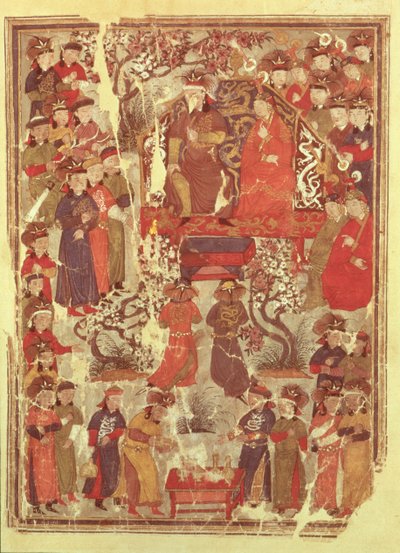 Genghis Khan and his wife Bortei enthroned before courtiers, folio from a book called Jami al Tawarikh by Rashid ad-Din by Persian School