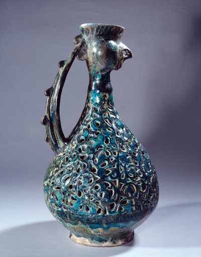 Persian Art: Ceramic Aquamarine with Rooster Head and Decorations Inspired by the Waq Waq Tree. From Kashan. 13th Century Paris, Louvre Museum by Persian School