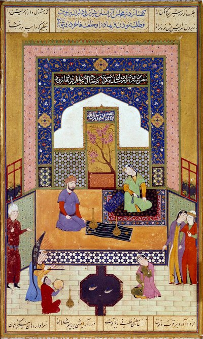 Princess Shirin receives Farhad in her Persian miniature castle illustrating an episode of Nizami