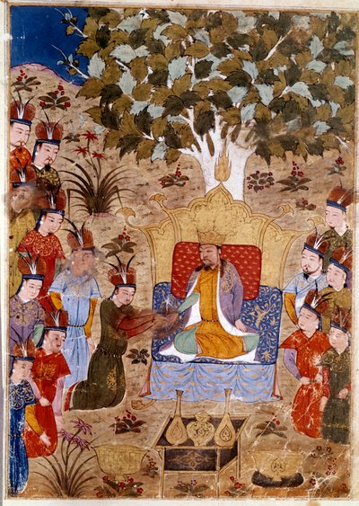 Representation of Chaghtai Khan (1227-1242) on his throne, he is the son of Genghis Khan on horseback. Persian miniature taken from Jami al-Tawarikh (Universal History) by historian Rashid al-din (1247-1318) Around 1430 by Persian School