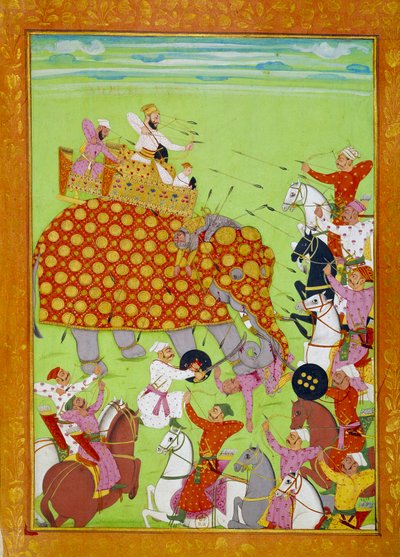 Representation of Murad Baksh Fighting on an Elephant by Persian School