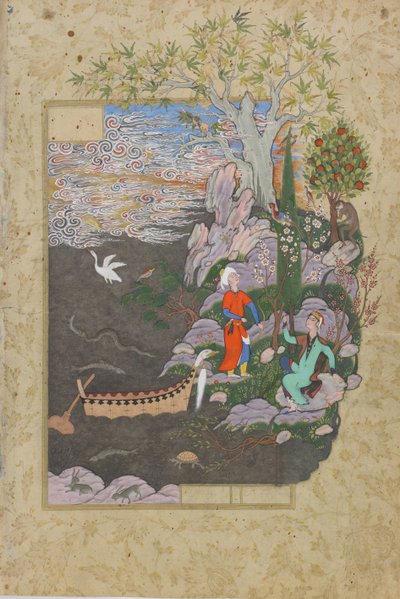 Salaman and Absal repose on the happy isle, folio from a Haft awrang (Seven thrones) by Jami, probably Mashad, Khurasan, Iran, Safavid dynasty, 1556-1565 by Persian School