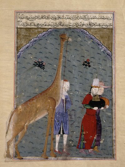 The Ambassadors of the Egyptian Sultan al-Nasir Faraj ibn Barquq Present their Gifts of Tribute, Including a Giraffe, to Timur, illustration from Zafarnama of Sharaf al-Din Ali Yazdishiraz, 1436 by Persian School