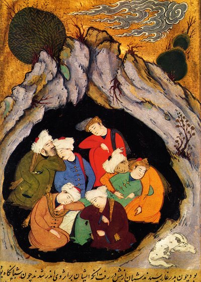 The Sleeping Seven of Ephesus from The Golden Legend by Jacobus de Voragine. Xilography of the 16th century. 16th century Persian miniature of the manuscript History of the Prophets, about 1550 by Persian School