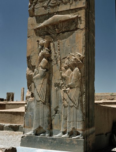 View of the tripylon of the Darius palace, 6th century BC by Persian School